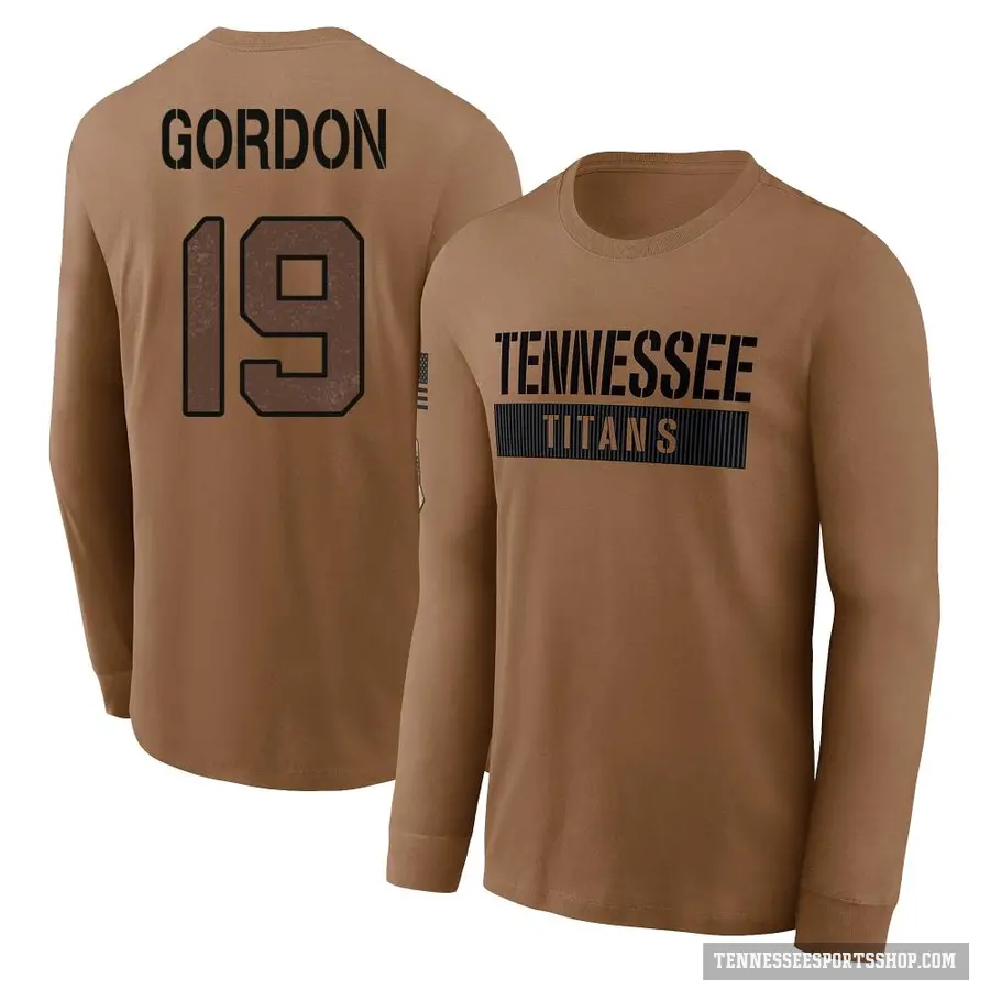 Men's ＃19 Josh Gordon Tennessee Titans Brown 2023 Salute To Service Long Sleeve T-Shirt