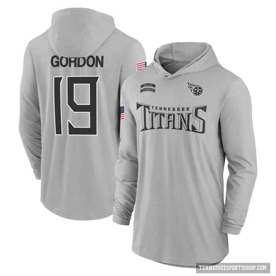 Men's ＃19 Josh Gordon Tennessee Titans Gray 2024 Salute to Service Lightweight Performance Long Sleeve Hooded T-Shirt