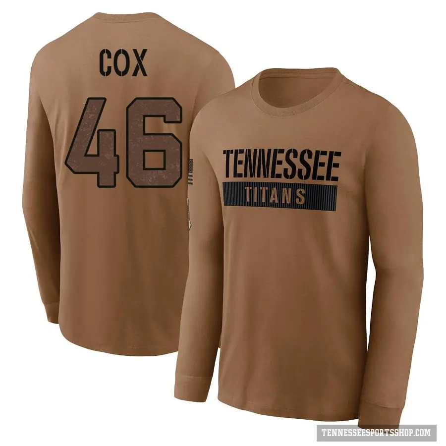 Men's ＃46 Morgan Cox Tennessee Titans Brown 2023 Salute To Service Long Sleeve T-Shirt