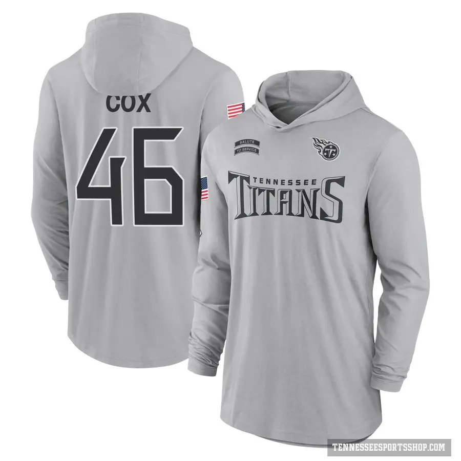 Men's ＃46 Morgan Cox Tennessee Titans Gray 2024 Salute to Service Lightweight Performance Long Sleeve Hooded T-Shirt