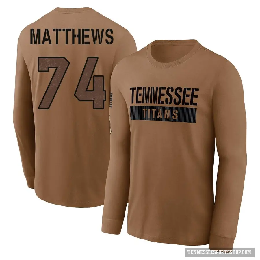 Men's ＃74 Bruce Matthews Tennessee Titans Brown 2023 Salute To Service Long Sleeve T-Shirt