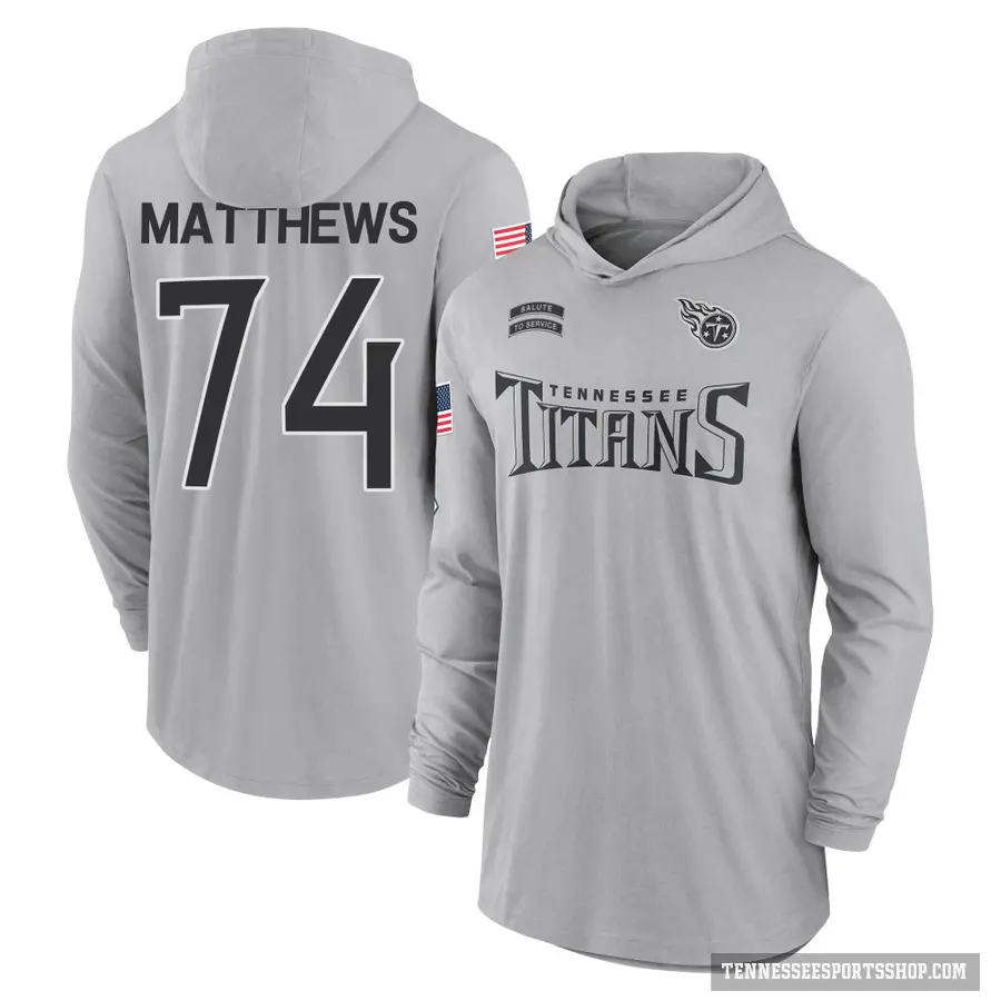 Men's ＃74 Bruce Matthews Tennessee Titans Gray 2024 Salute to Service Lightweight Performance Long Sleeve Hooded T-Shirt