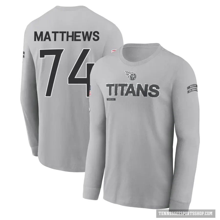 Men's ＃74 Bruce Matthews Tennessee Titans Gray 2024 Salute to Service Long Sleeve T-Shirt