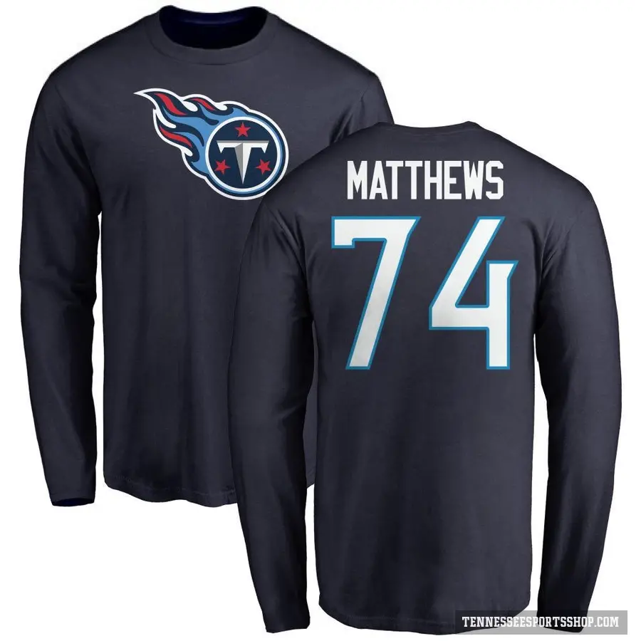 Men's ＃74 Bruce Matthews Tennessee Titans Navy Logo Long Sleeve T-Shirt