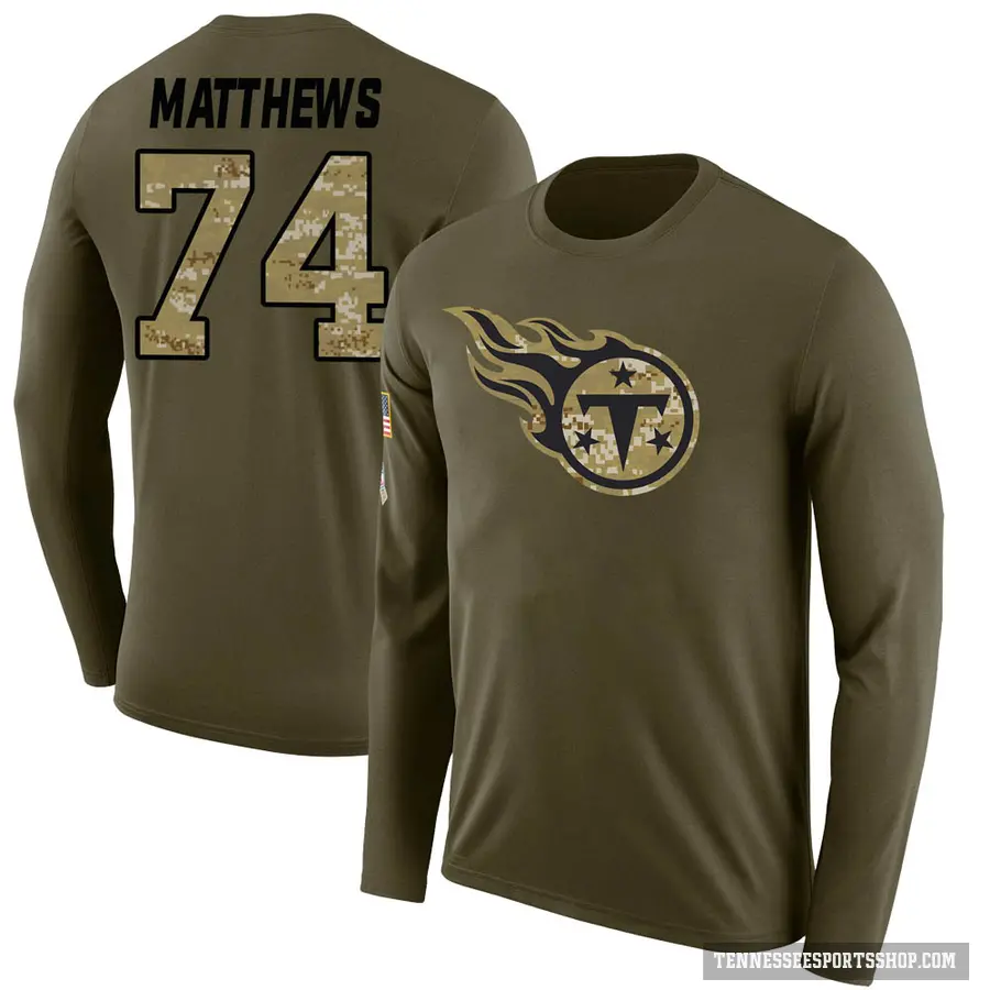 Men's ＃74 Bruce Matthews Tennessee Titans Olive Salute to Service Sideline Long Sleeve T-Shirt