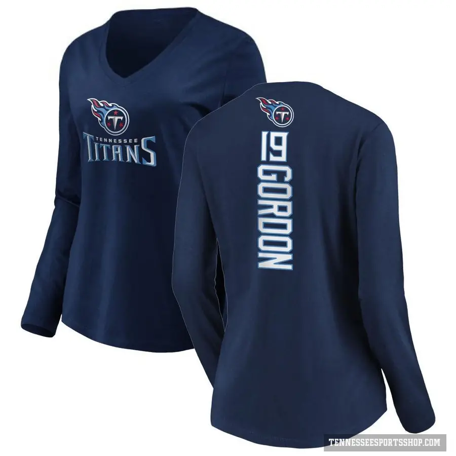 Women's ＃19 Josh Gordon Tennessee Titans Navy Backer Slim Fit Long Sleeve T-Shirt