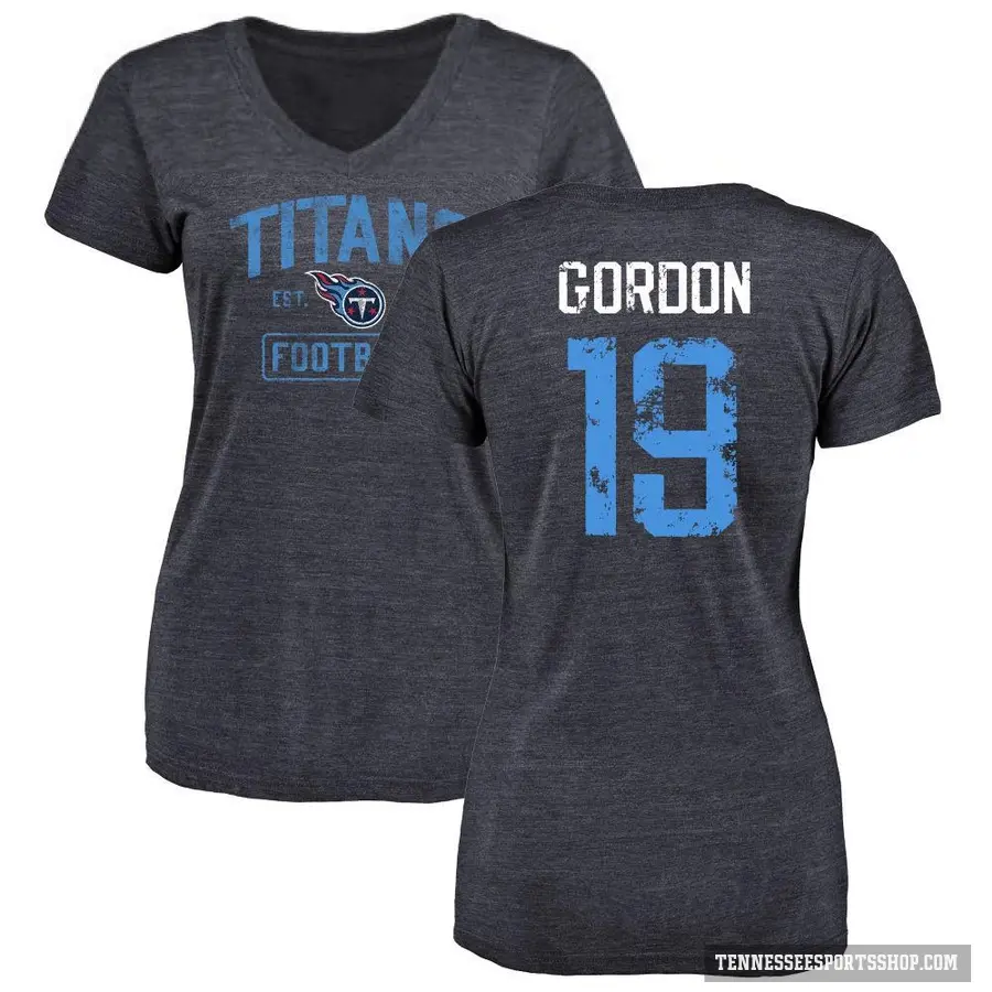 Women's ＃19 Josh Gordon Tennessee Titans Navy Distressed V-Neck T-Shirt