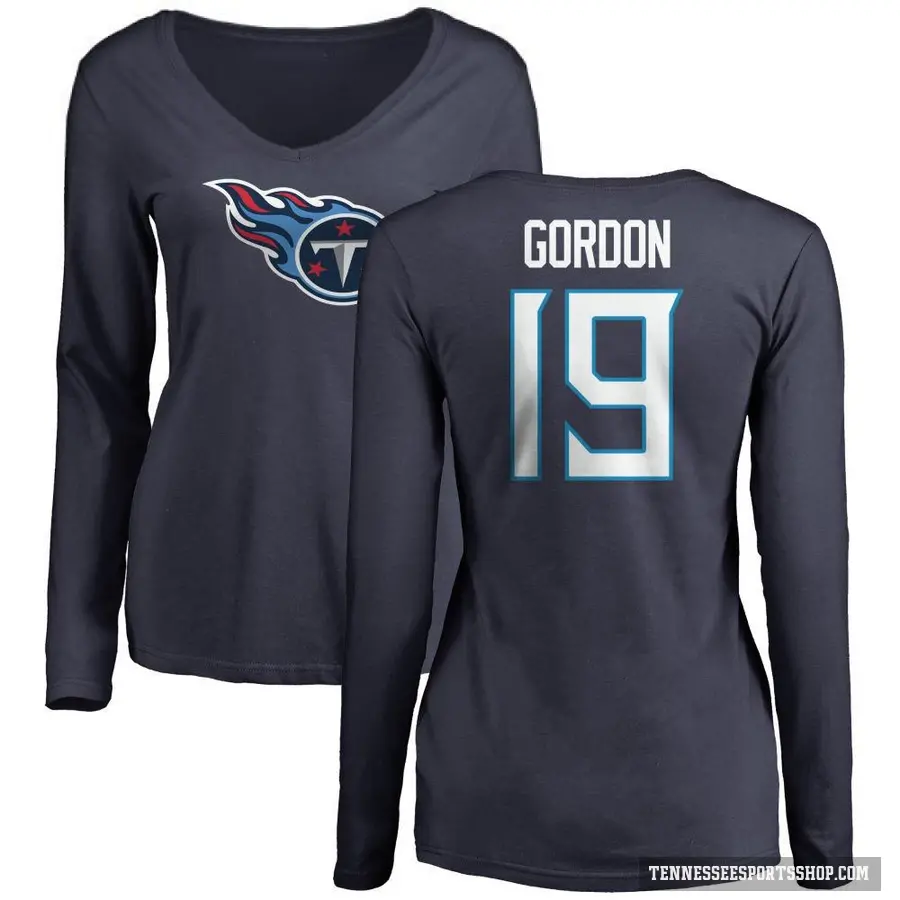 Women's ＃19 Josh Gordon Tennessee Titans Navy Logo Slim Fit Long Sleeve T-Shirt