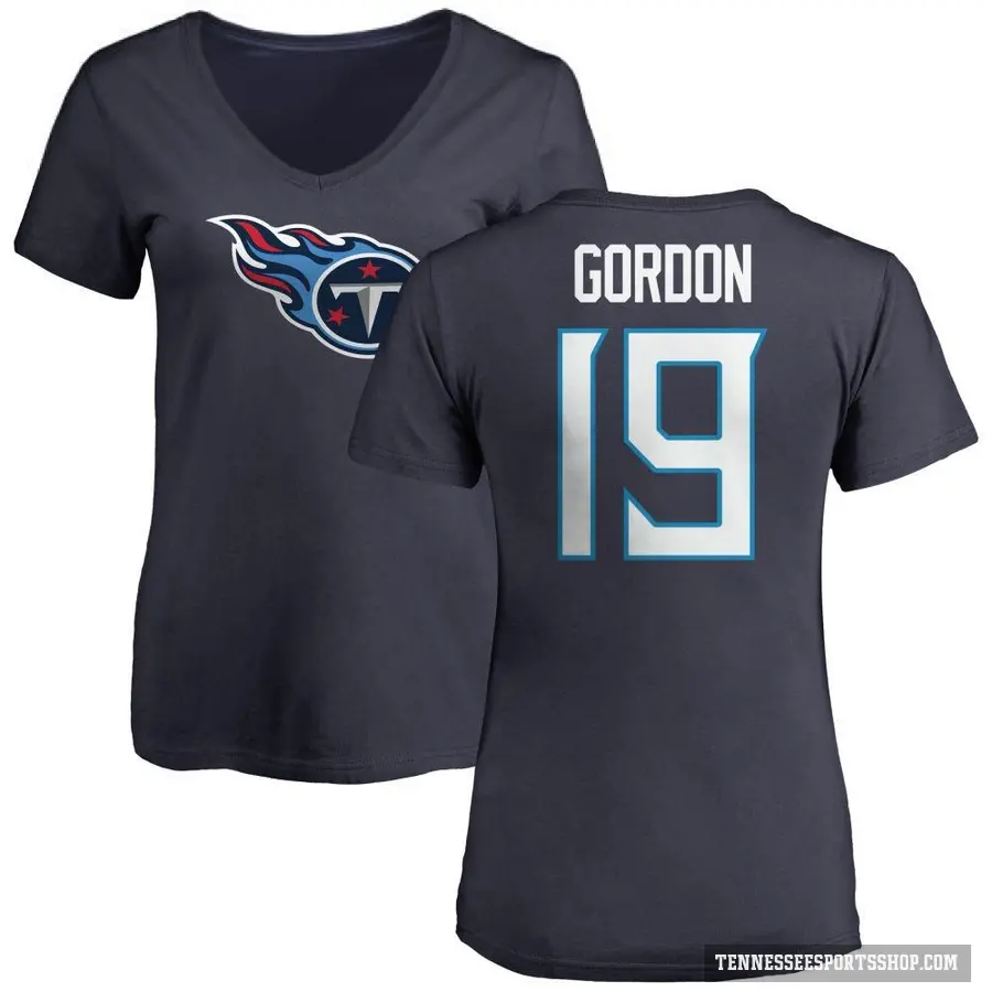 Women's ＃19 Josh Gordon Tennessee Titans Navy Logo Slim Fit T-Shirt