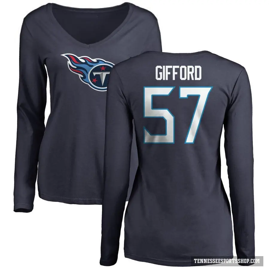 Women's ＃57 Luke Gifford Tennessee Titans Navy Logo Slim Fit Long Sleeve T-Shirt