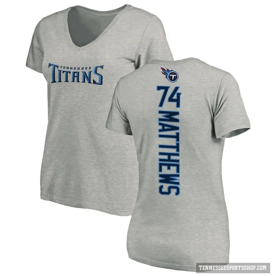 Women's ＃74 Bruce Matthews Tennessee Titans Ash Backer V-Neck T-Shirt