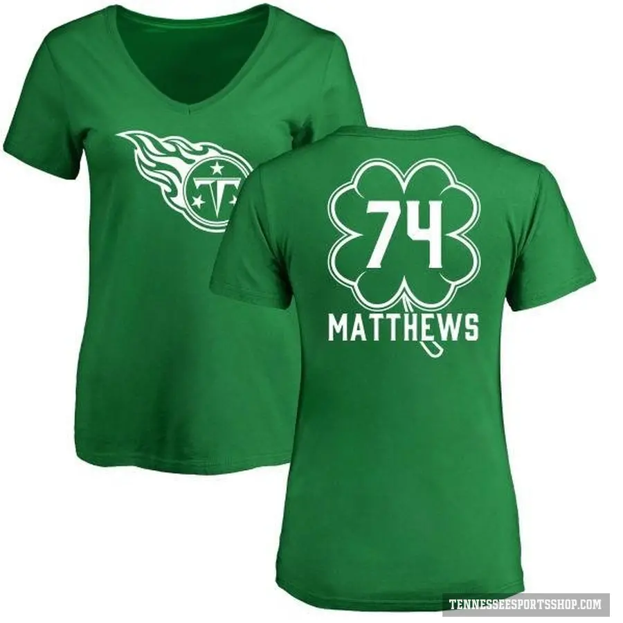 Women's ＃74 Bruce Matthews Tennessee Titans Green St. Patrick's Day V-Neck T-Shirt