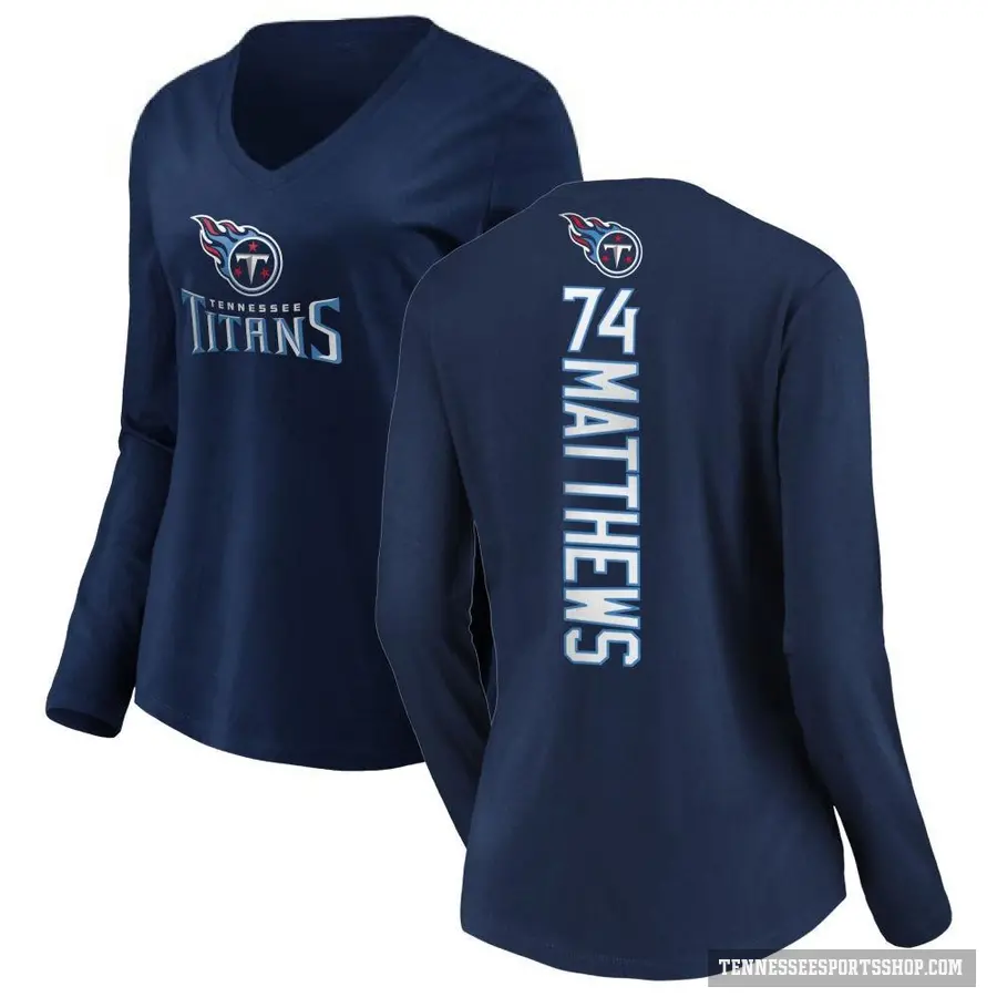 Women's ＃74 Bruce Matthews Tennessee Titans Navy Backer Slim Fit Long Sleeve T-Shirt