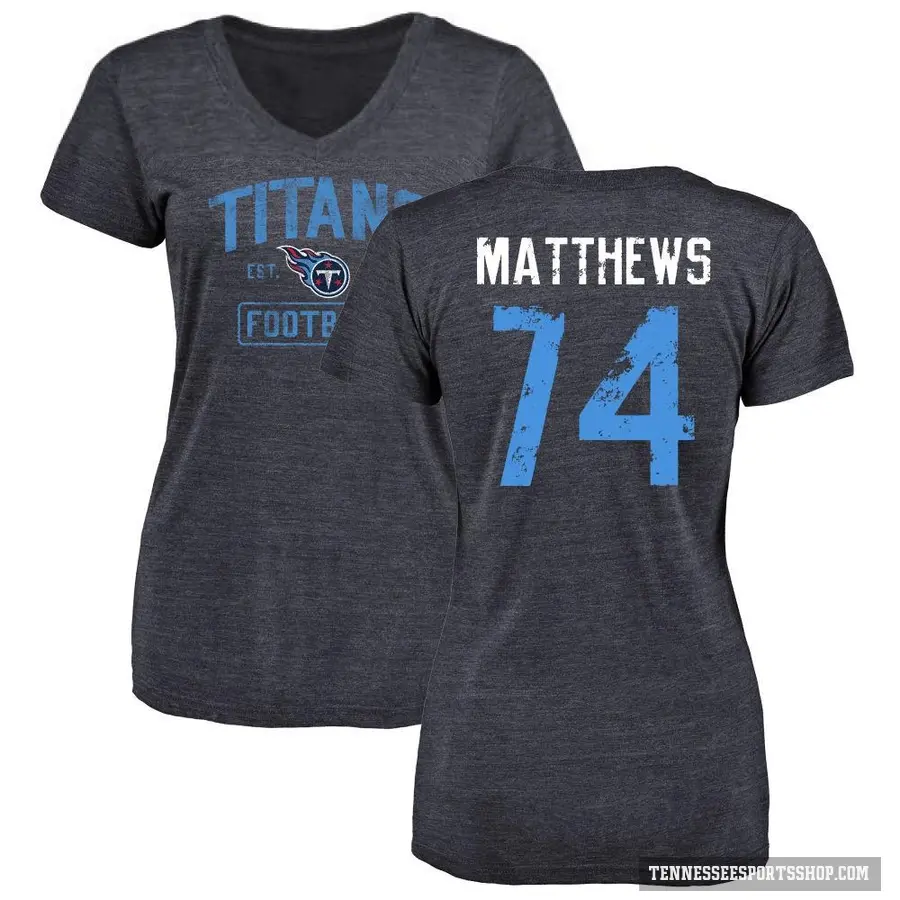 Women's ＃74 Bruce Matthews Tennessee Titans Navy Distressed V-Neck T-Shirt