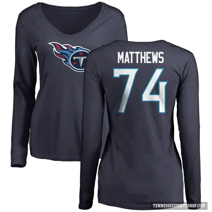 Women's ＃74 Bruce Matthews Tennessee Titans Navy Logo Slim Fit Long Sleeve T-Shirt