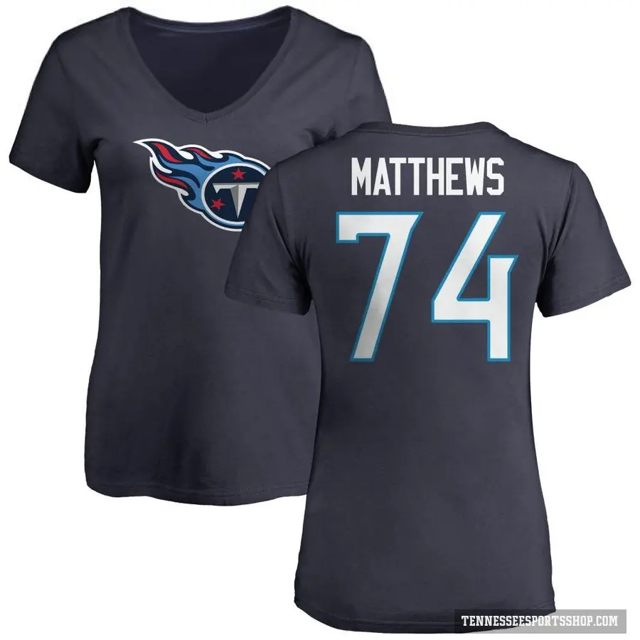 Women's ＃74 Bruce Matthews Tennessee Titans Navy Logo Slim Fit T-Shirt