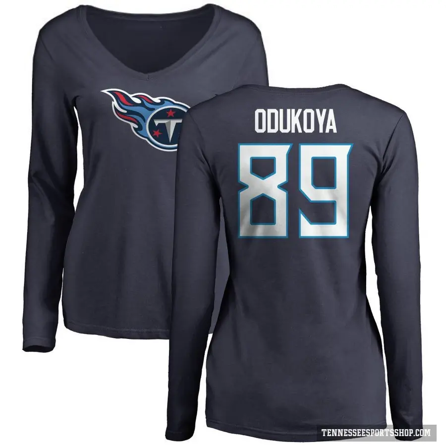 Women's ＃89 Thomas Odukoya Tennessee Titans Navy Logo Slim Fit Long Sleeve T-Shirt