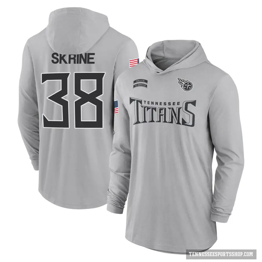 Youth ＃38 Buster Skrine Tennessee Titans Gray 2024 Salute to Service Lightweight Performance Long Sleeve Hooded T-Shirt