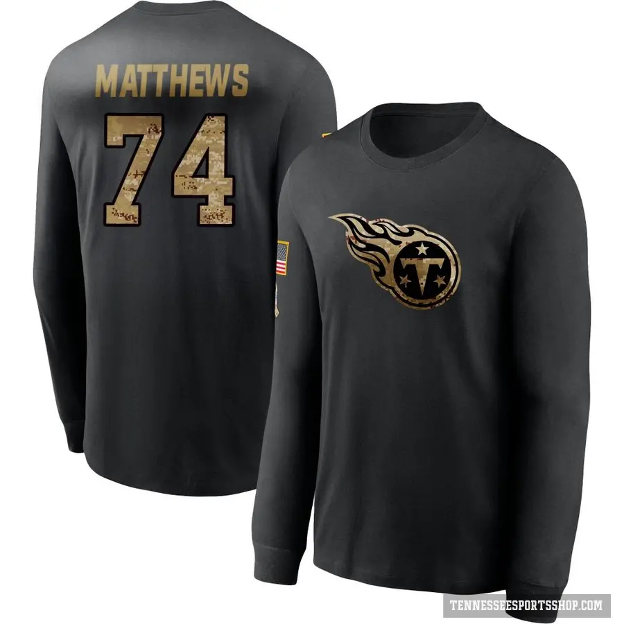 Youth ＃74 Bruce Matthews Tennessee Titans Black 2020 Salute To Service Sideline Performance Long Sleeve T-Shirt